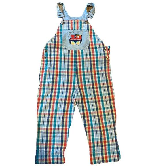 Vintage Gymboree Colorful Plaid OVERALL Unisex Toddler S/12-18 Tractor Embroider - Picture 1 of 9